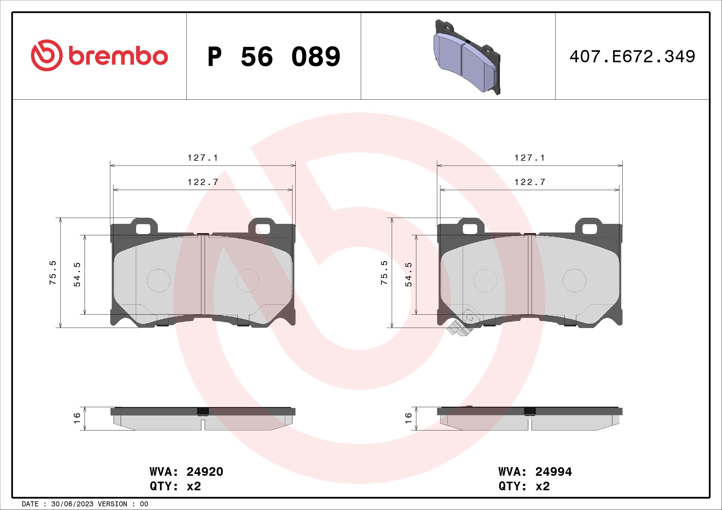 BREMBO P56089 Fékbetét készlet, tárcsafék