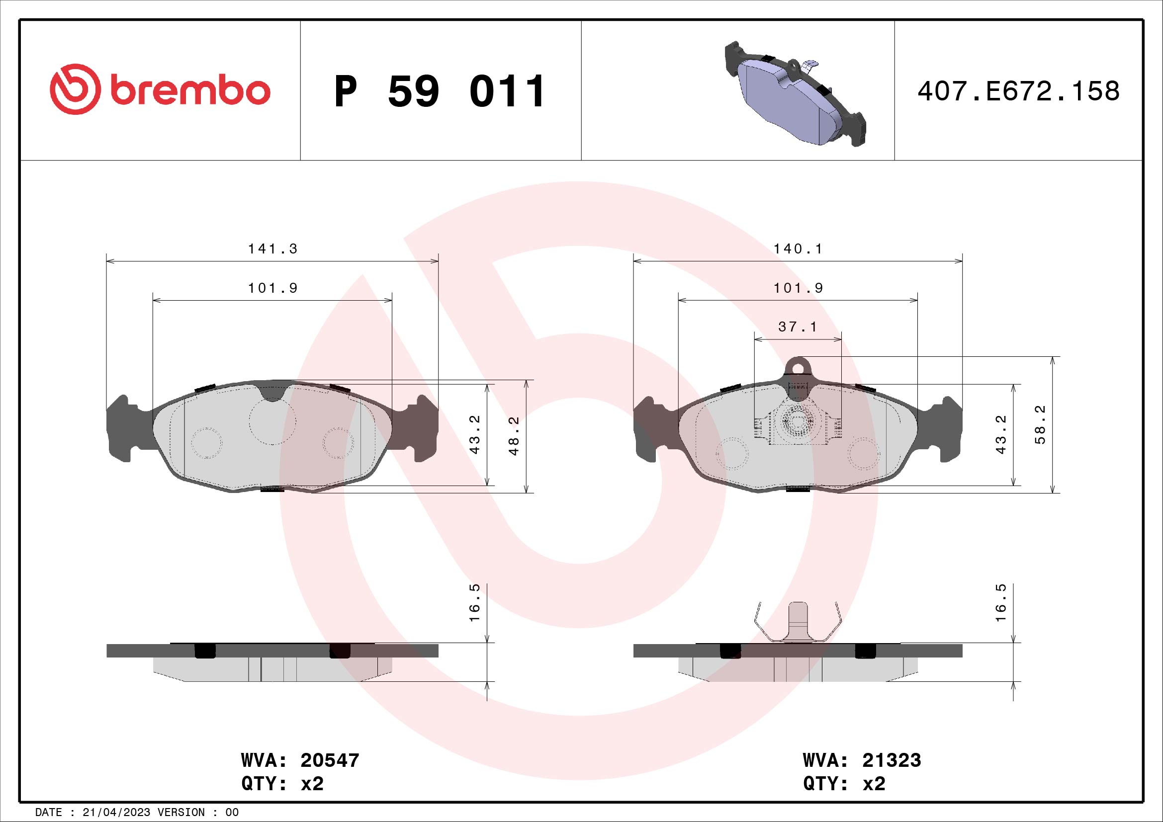 BREMBO P59011 Fékbetét készlet, tárcsafék