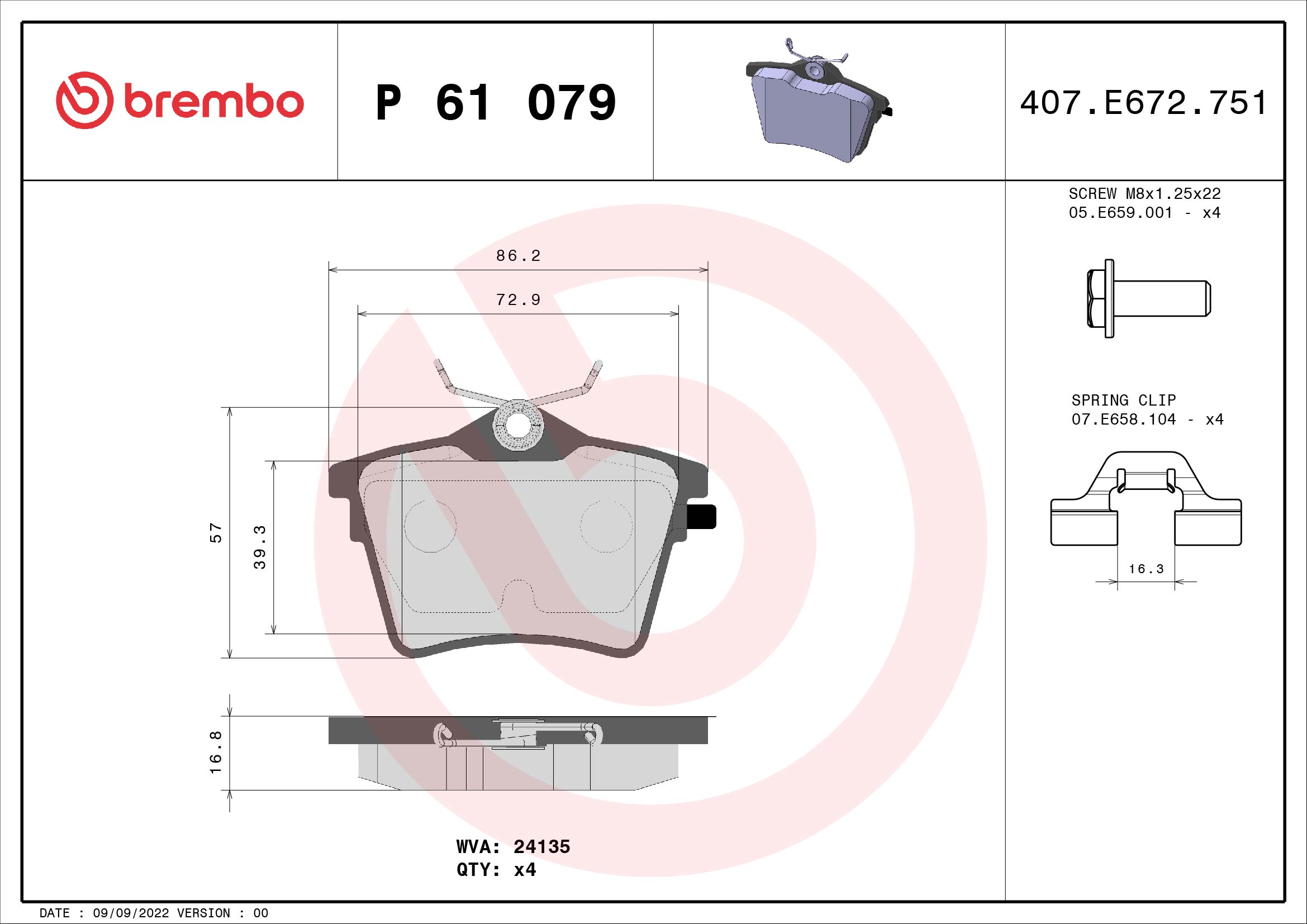 BREMBO 1001063061 P61079 - HÁTSÓ FÉKBETÉT KÉSZLET