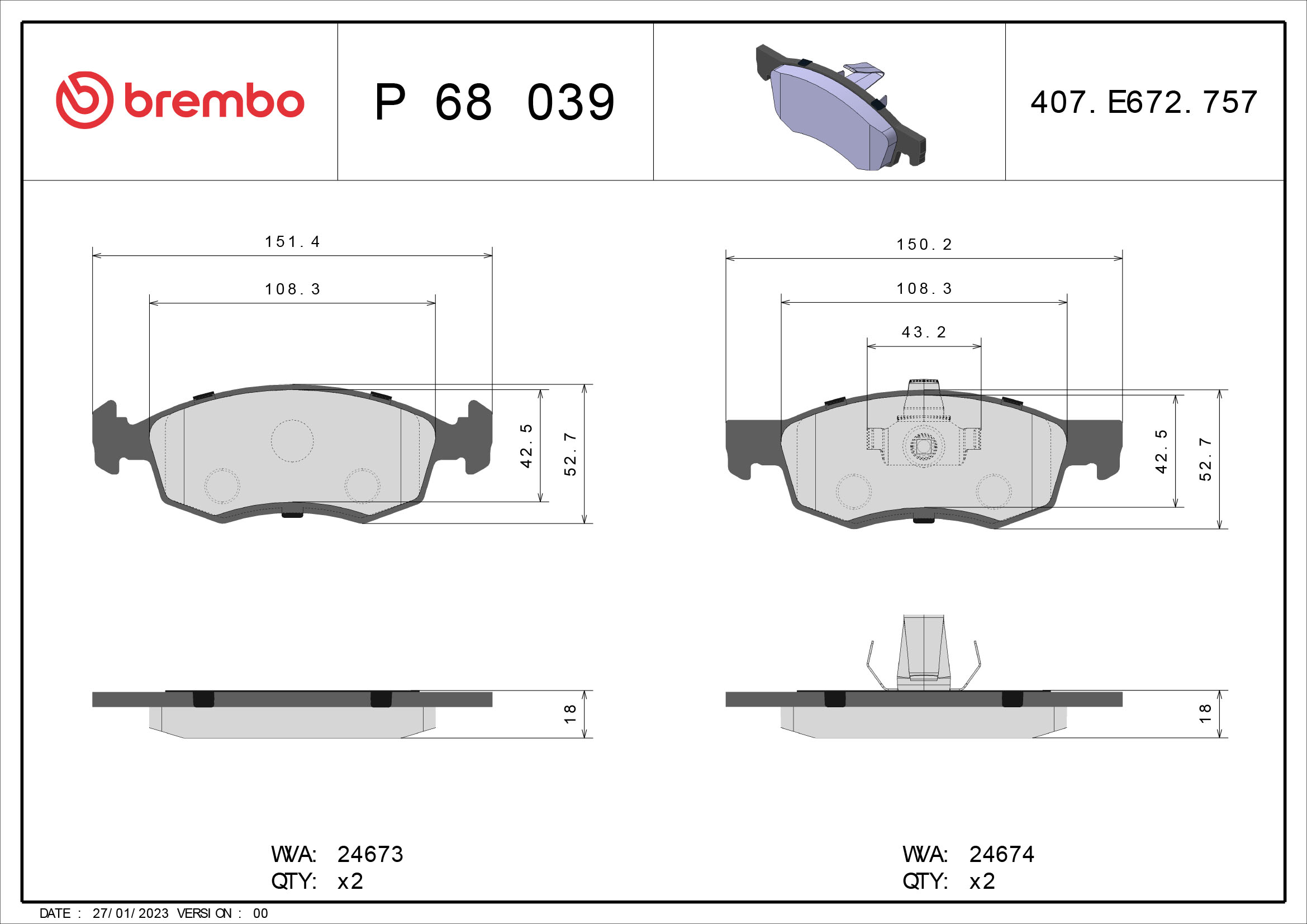 BREMBO 1001063142 P68039 - Első fékbetét készlet