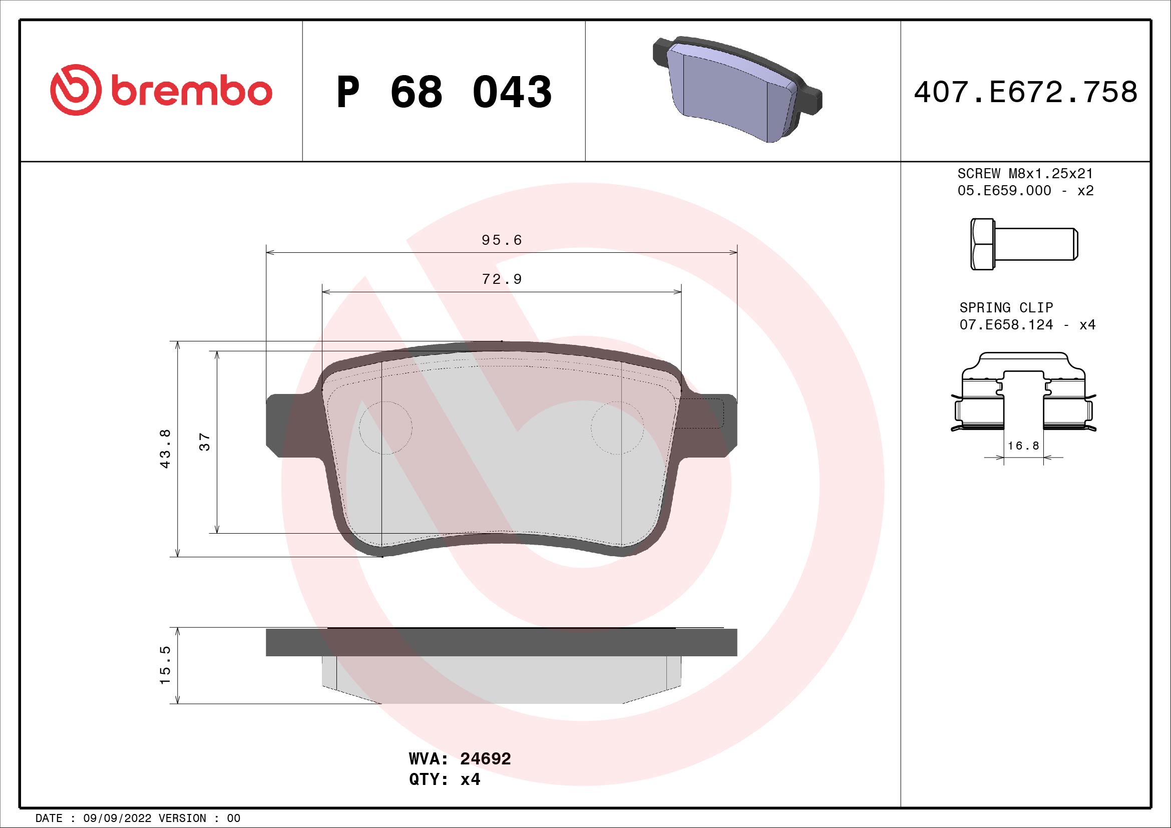 BREMBO BP68043 Fékbetét készlet, tárcsafék