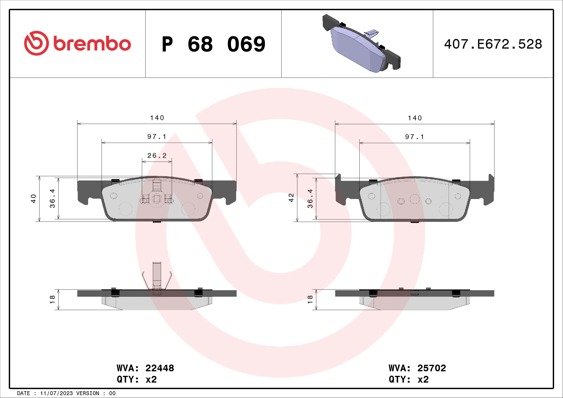 BREMBO P 68 069 Fékbetét készlet, tárcsafék