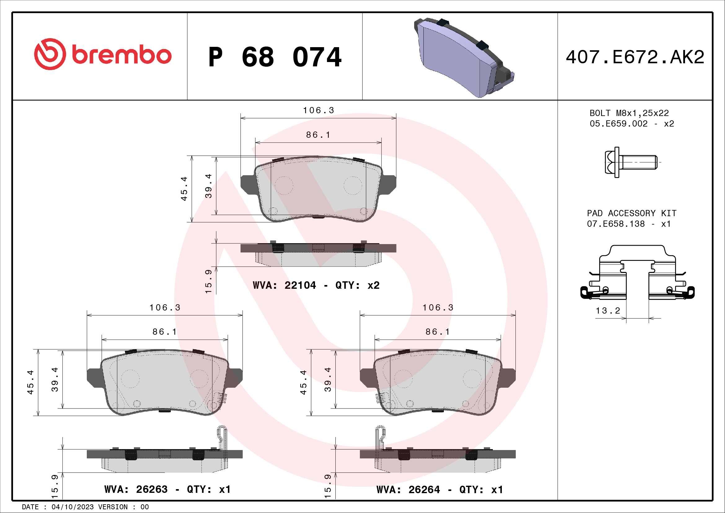 BREMBO BREP68074 fékbetét készlet, tárcsafék