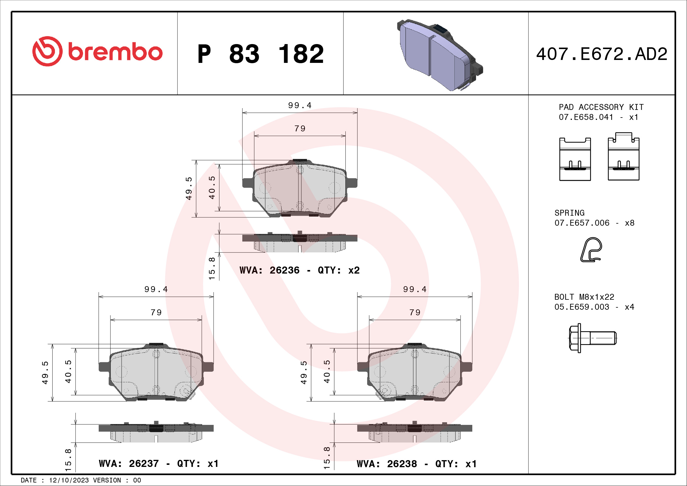 BREMBO BREP83182 fékbetét készlet, tárcsafék