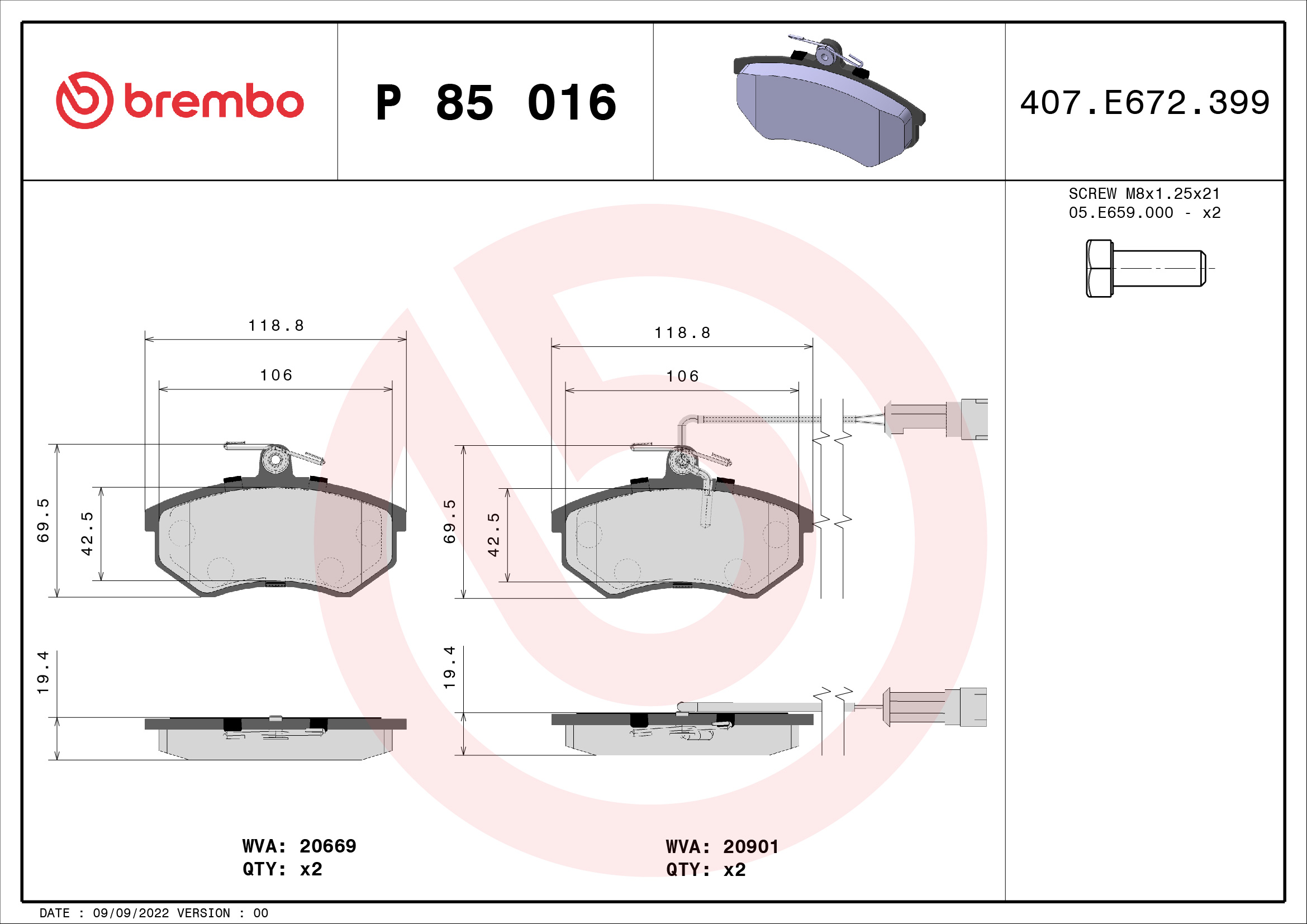 BREMBO BP85016 Fékbetét készlet, tárcsafék