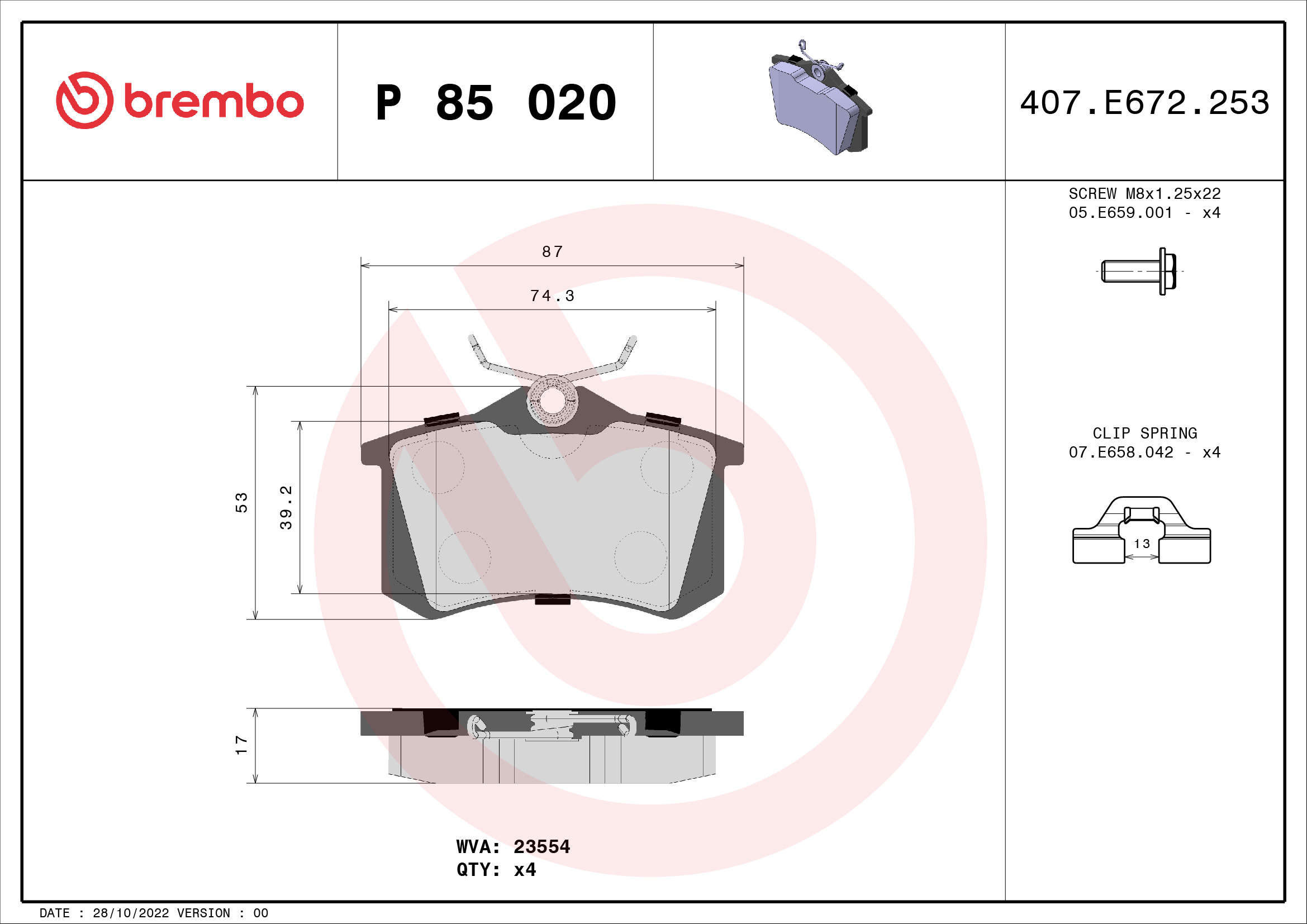 BREMBO 1001063322 P85020 - Fékbetét készlet