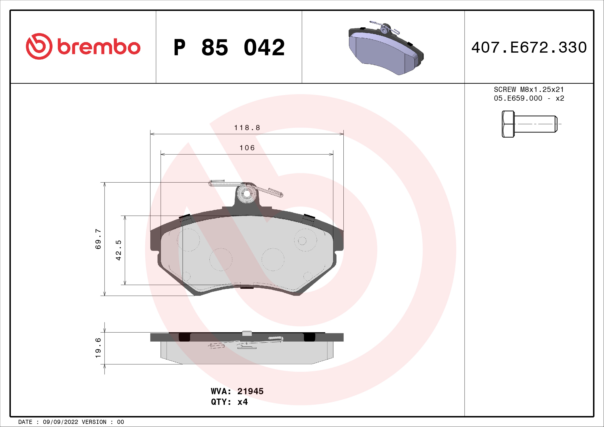 BREMBO BP85042 Fékbetét készlet, tárcsafék