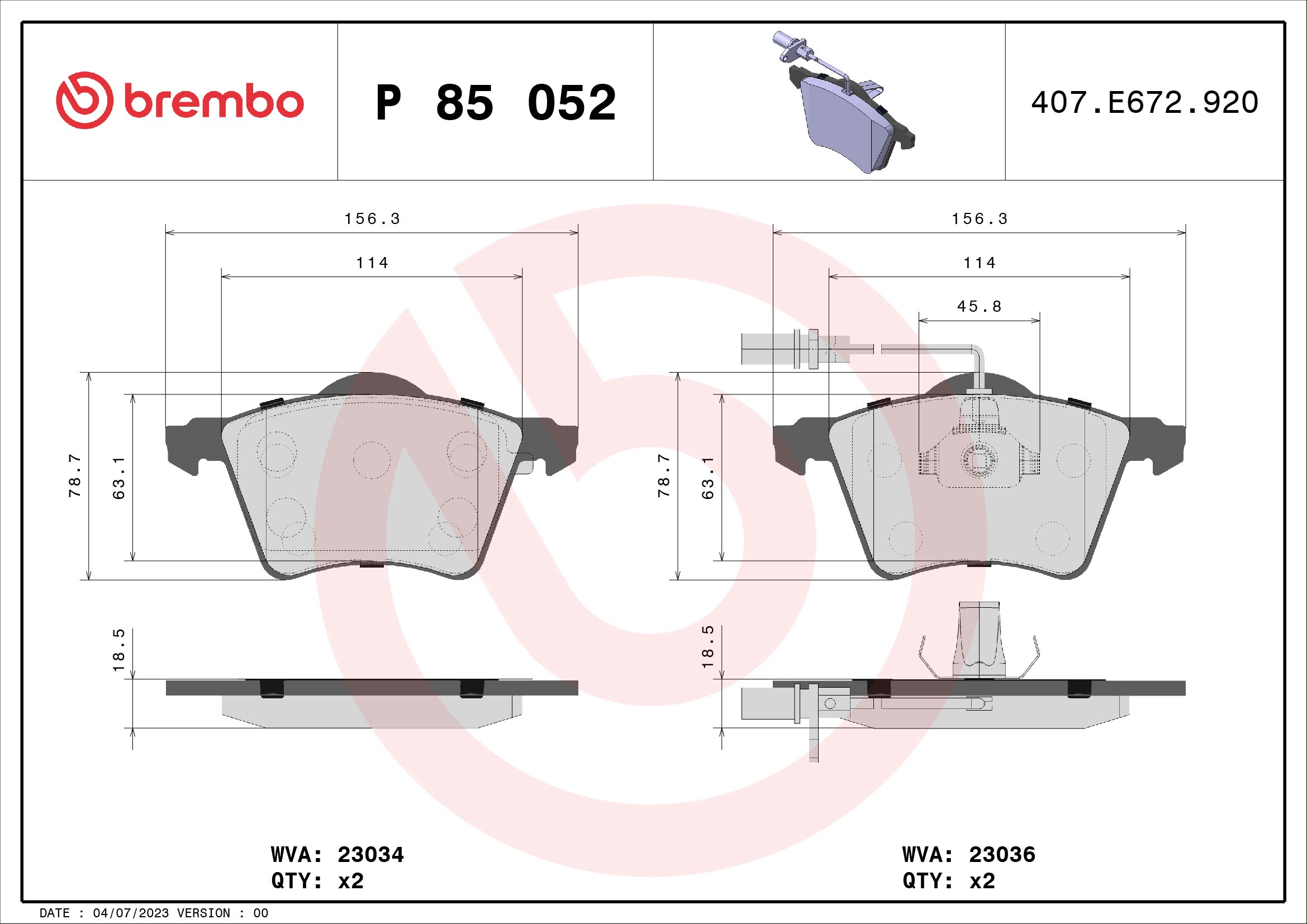 BREMBO P85052 Fékbetét készlet, tárcsafék