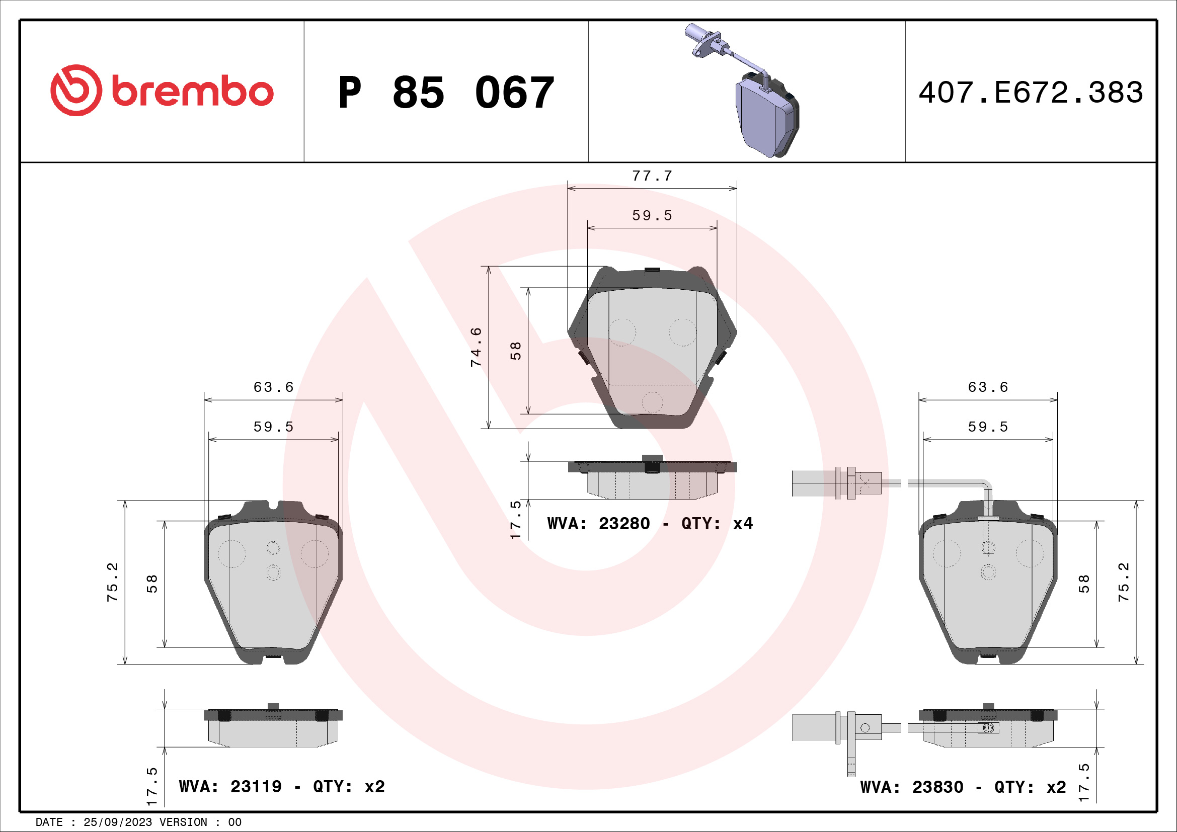 BREMBO P85067 Fékbetét készlet, tárcsafék