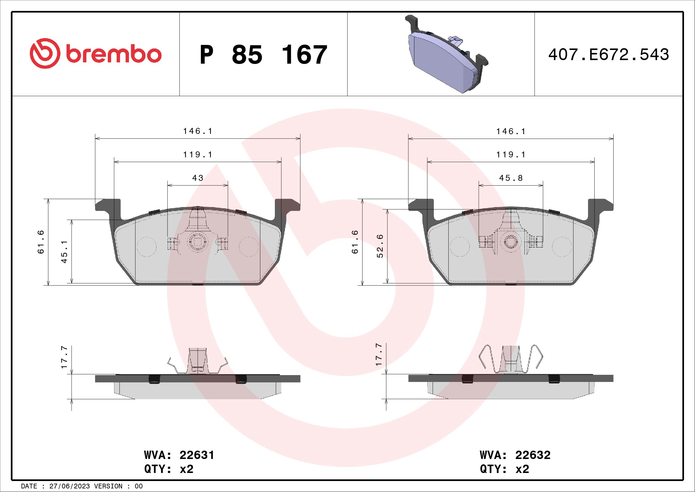 BREMBO BREP85167 fékbetét készlet, tárcsafék