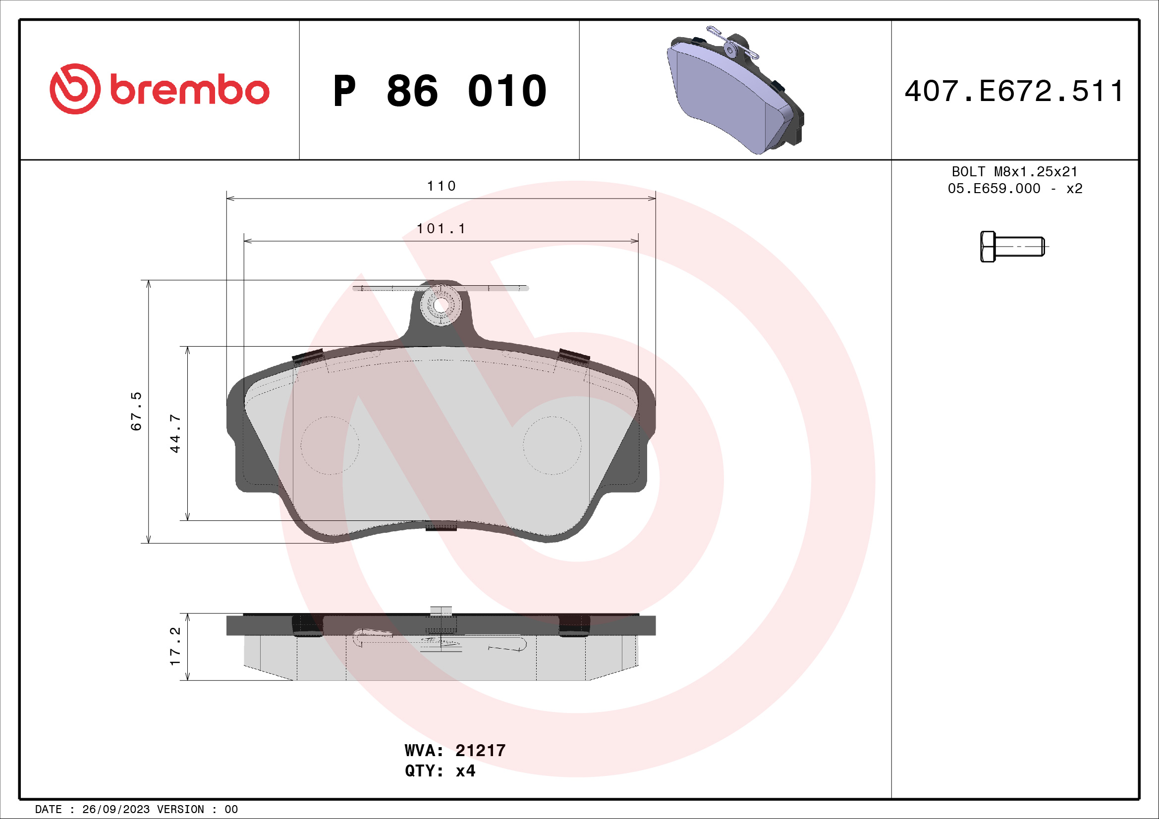 BREMBO BREP86010 fékbetét készlet, tárcsafék