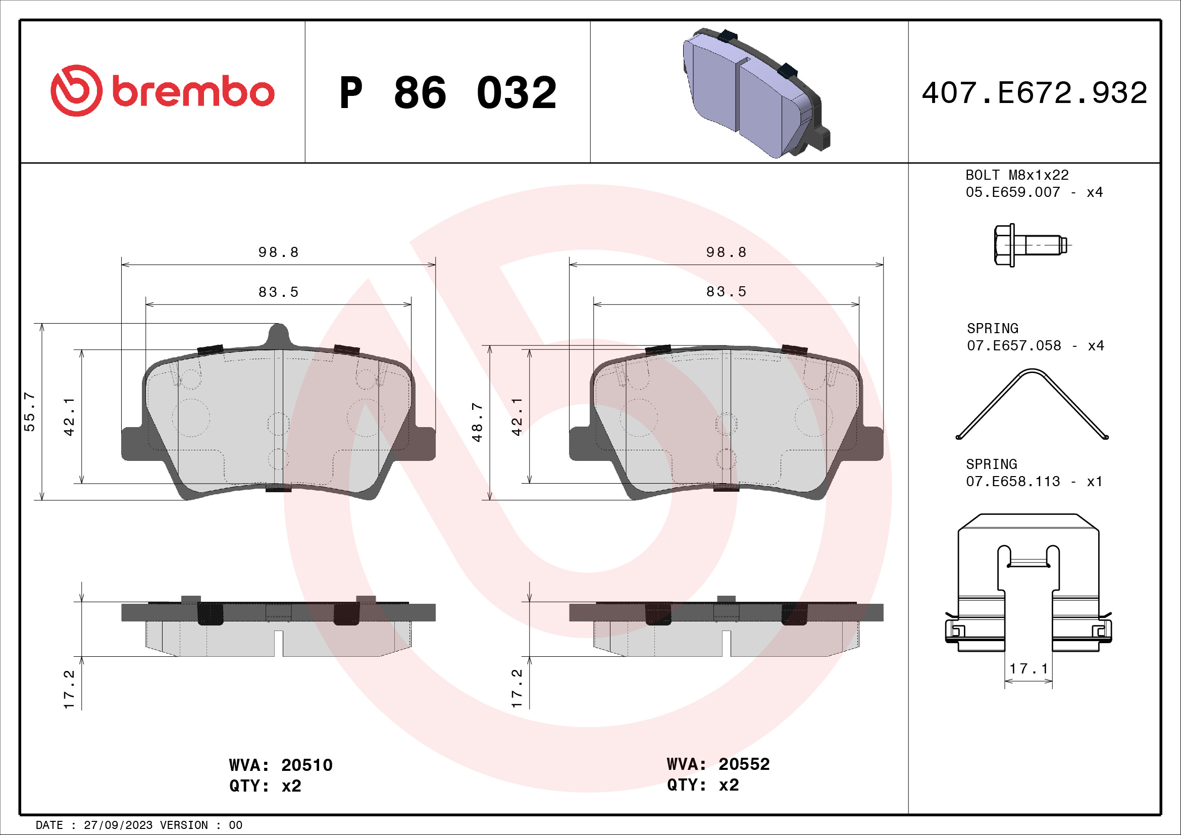 BREMBO BREP86032 fékbetét készlet, tárcsafék