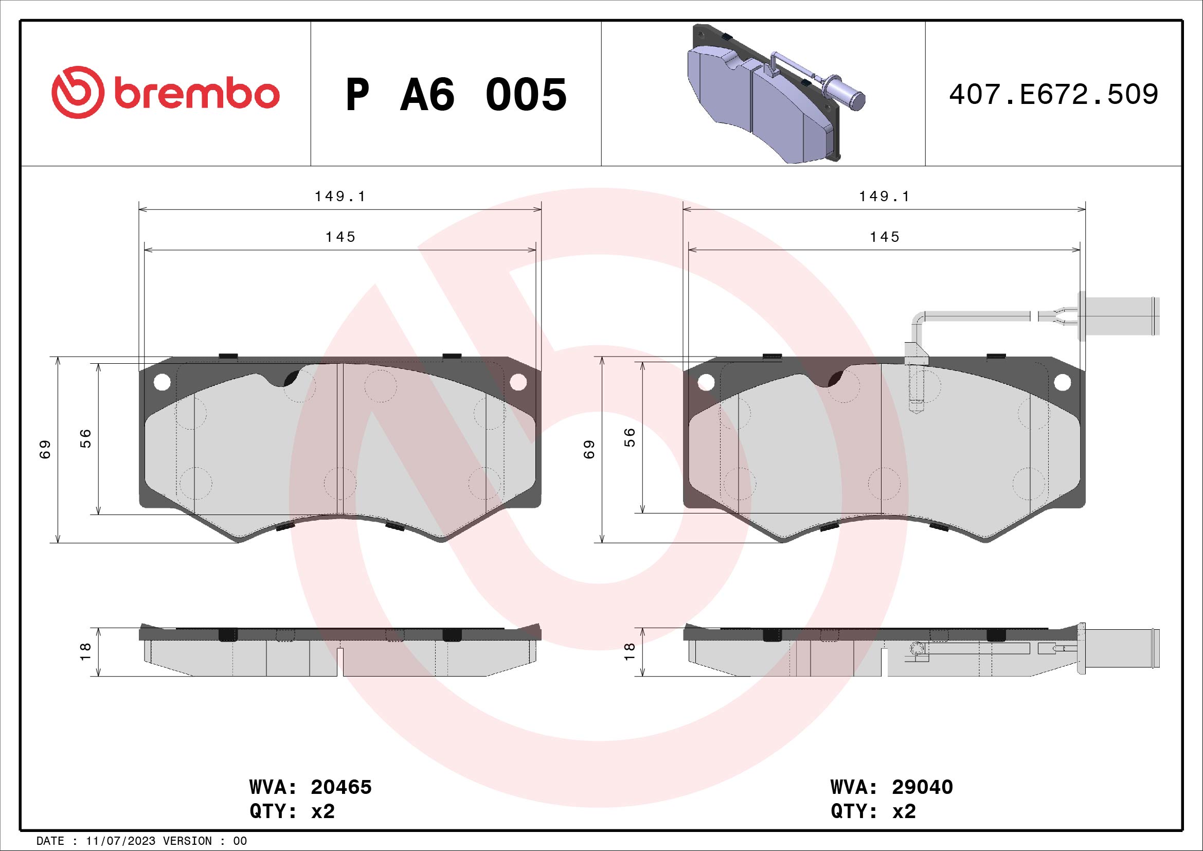 BREMBO BPA6005 Fékbetét készlet, tárcsafék