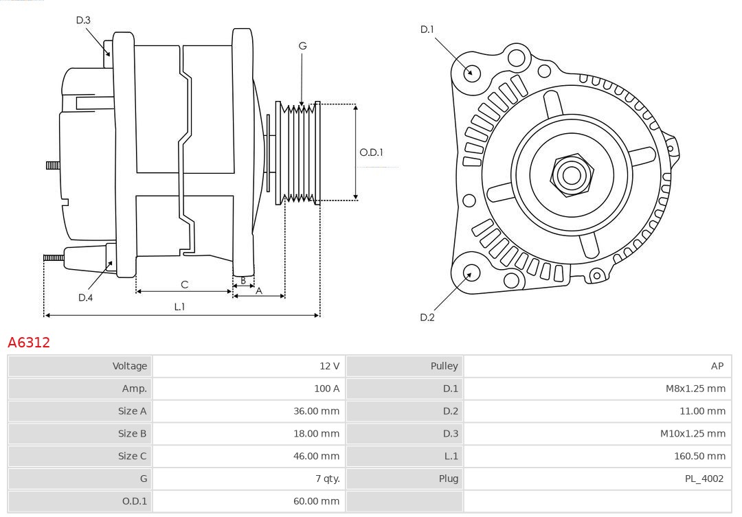 AUTOSTARTER ASTA6312 ALTERNATOR 12V 100A Z KOLEM