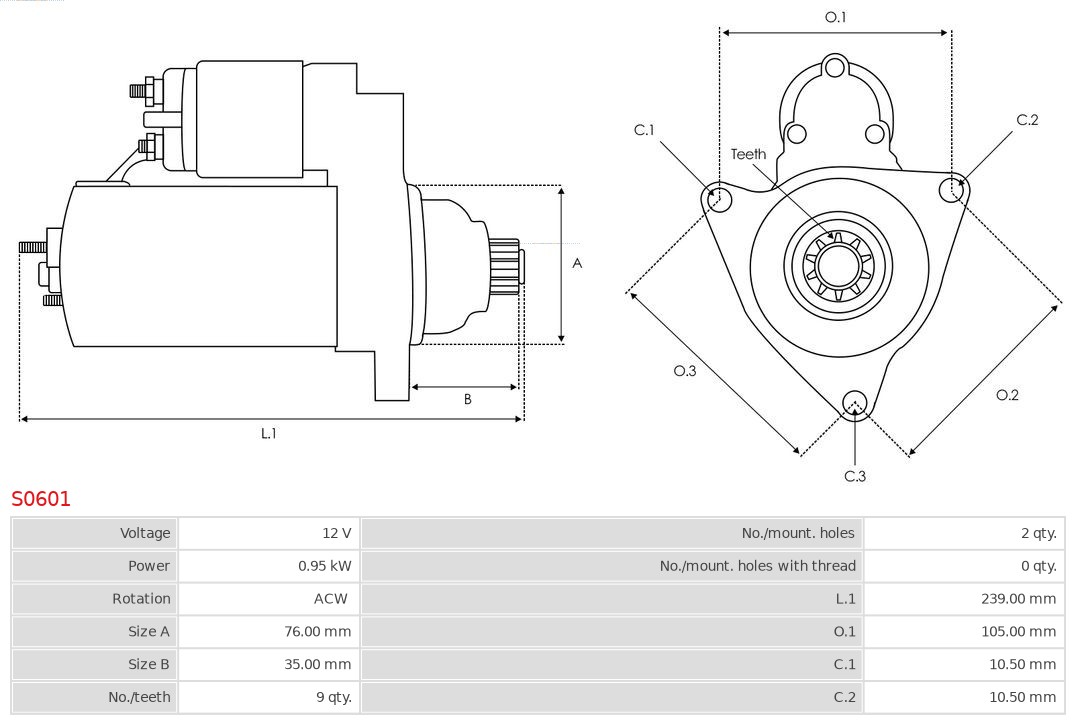 AUTOSTARTER ASTS0601 ROZRUSZNIK 12V 0.95KW